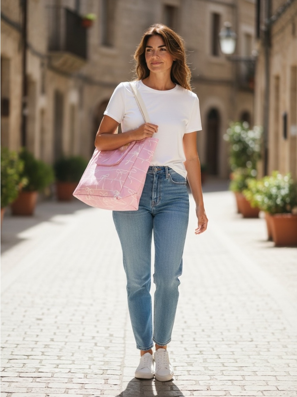 Cotton Canvas Pink Ribbon-Print Canvas Tote Bag w/ pouch